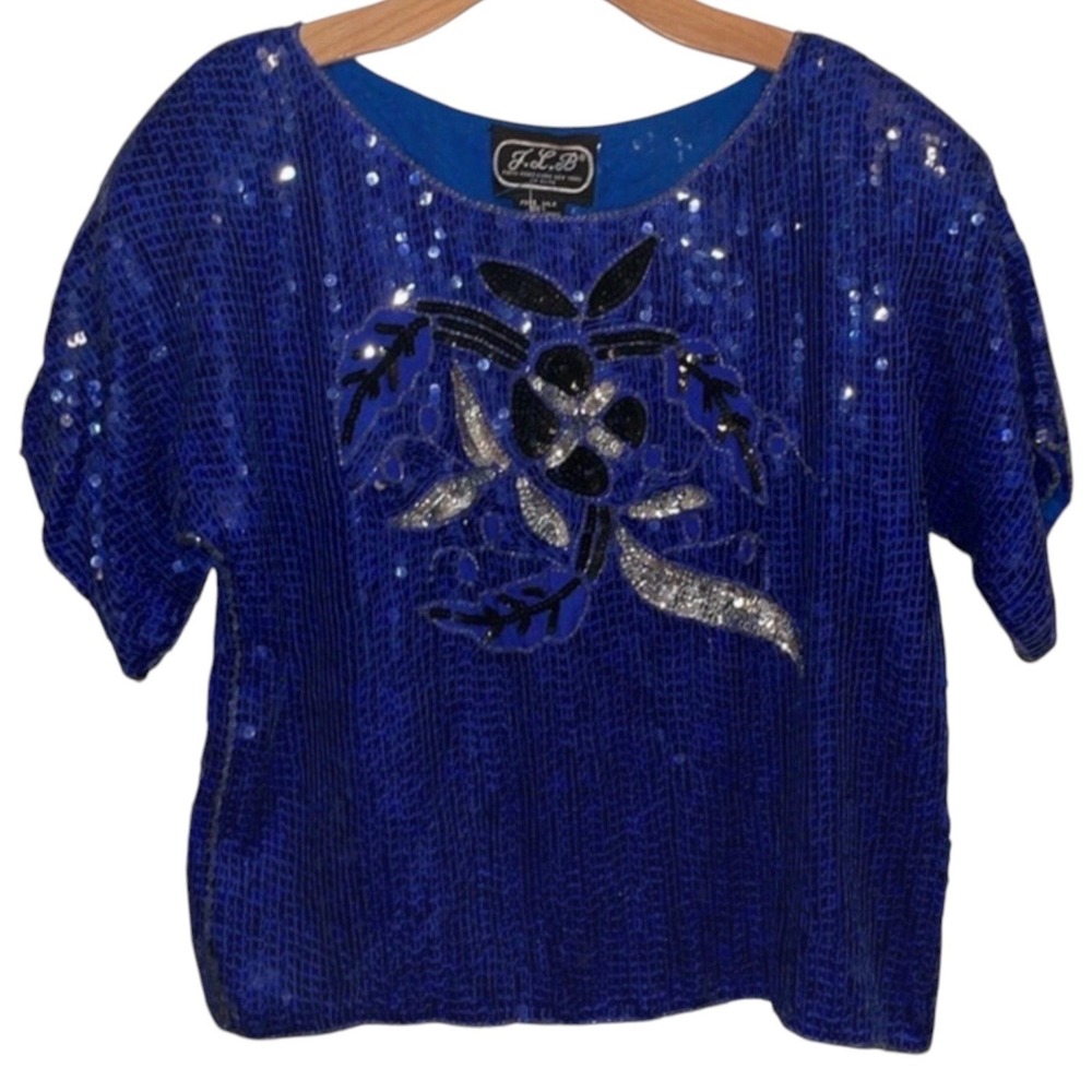 NEW Sequin Blouse Women's Medium Blue Silk Top Deadstock Vintage Glam Sparkle